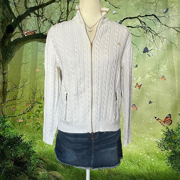 Ralph Lauren Double RL White Cable Knit Cardigan - Picture 2 of 8